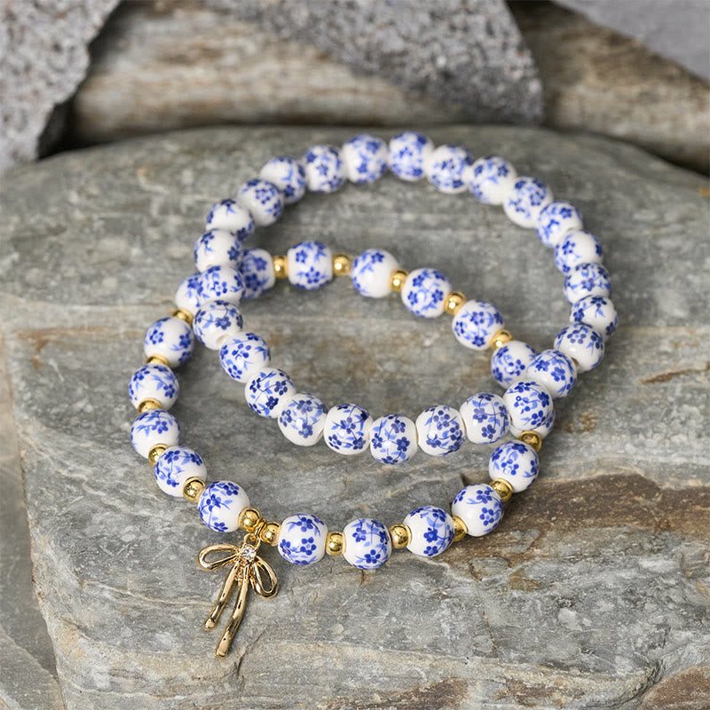 Buddha Stones Blue And White Pink Porcelain Beaded Bowknot Beaded Inner Peace Bracelet - image 2