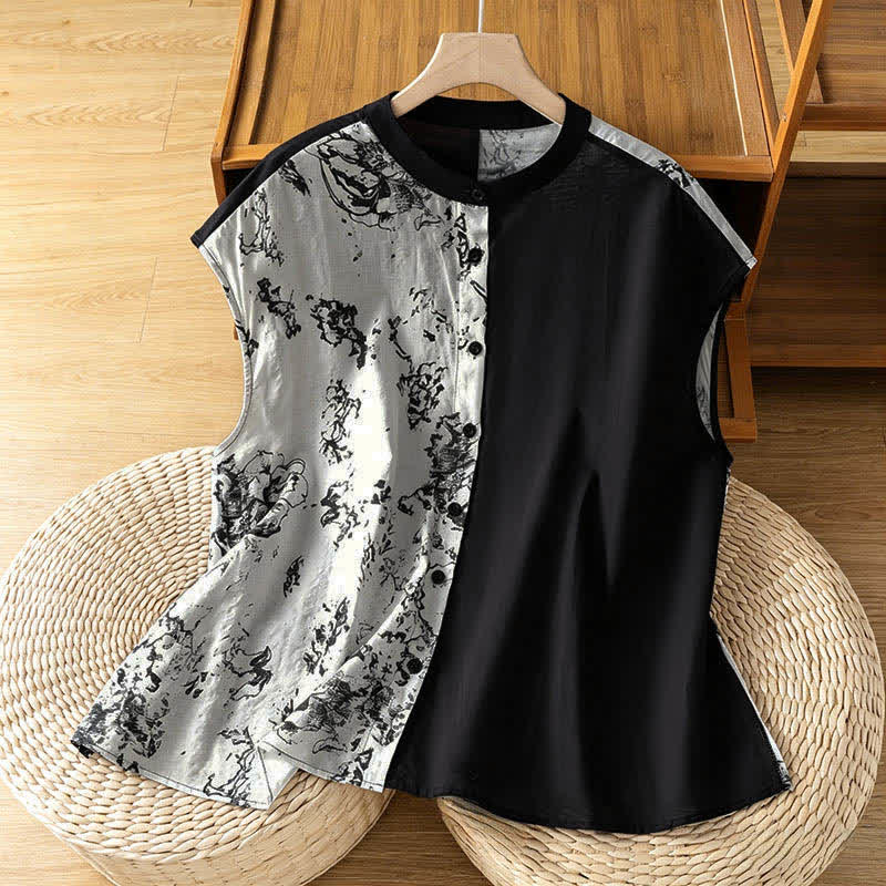 Buddha Stones Summer Minimalist Mandarin Collar Asymmetric Floral Print Women's Sleeveless Shirts - White - US12,UK/AU16,EU44 (2XL) - image 0