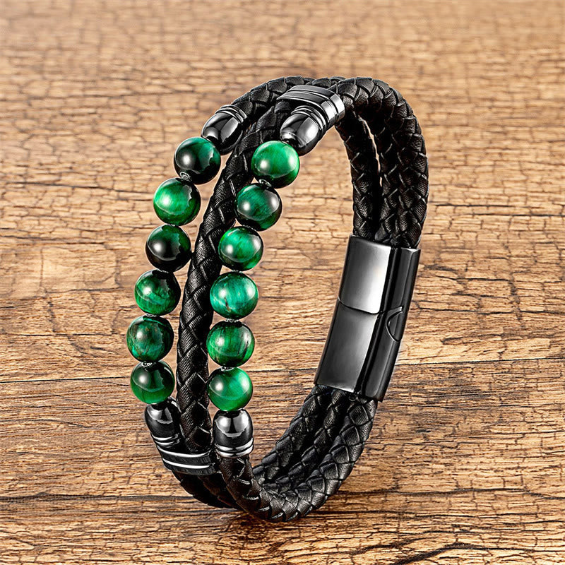 Buddha Stones Tiger Eye Hematite Lava Rock Black Onyx Lazurite Lapis Lazuli Beads Protection Strength Leather Bracelet - Green Tiger Eye - 18-22cm - image 15