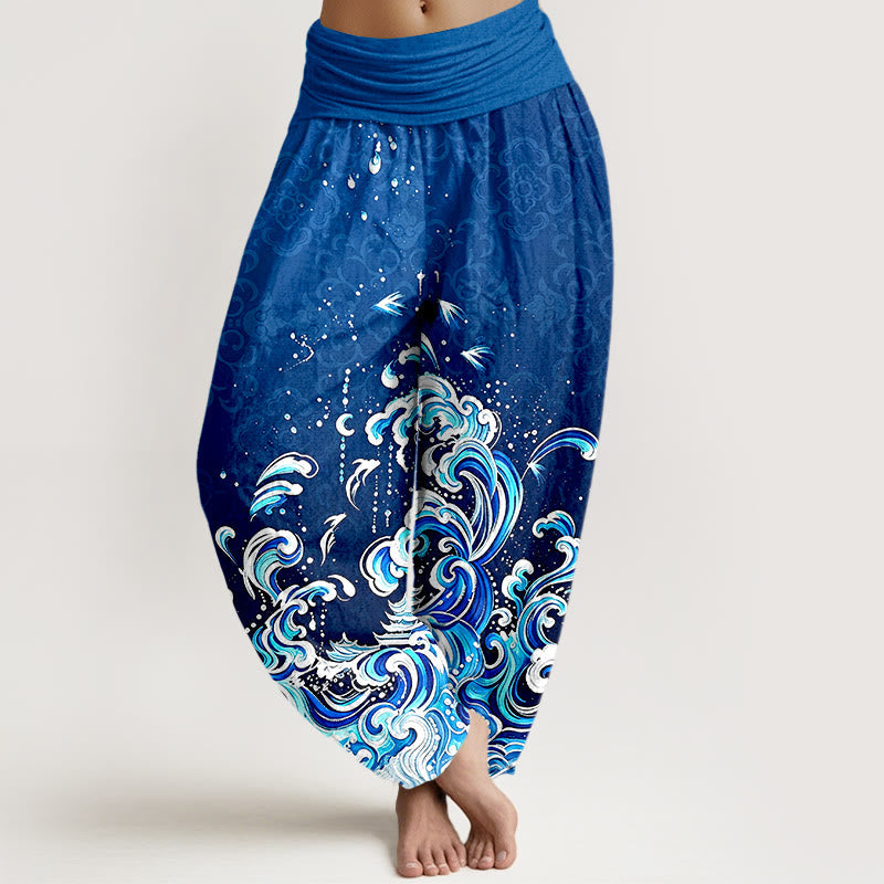 Buddha Stones Pure Cotton Ocean Wave Gradient Pattern Women's Elastic Waist Harem Pants - RoyalBlue - US16,UK/AU20,EU48 (3XL) - image 0