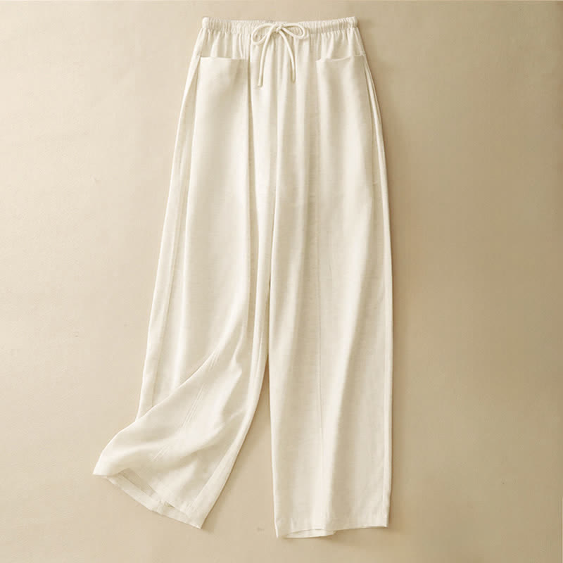 Buddha Stones Summer Minimalist Drawstring Solid Women's Straight Pants With Pockets - Linen - US8-10,UK/AU12-14,EU40-42 (2XL) - image 0