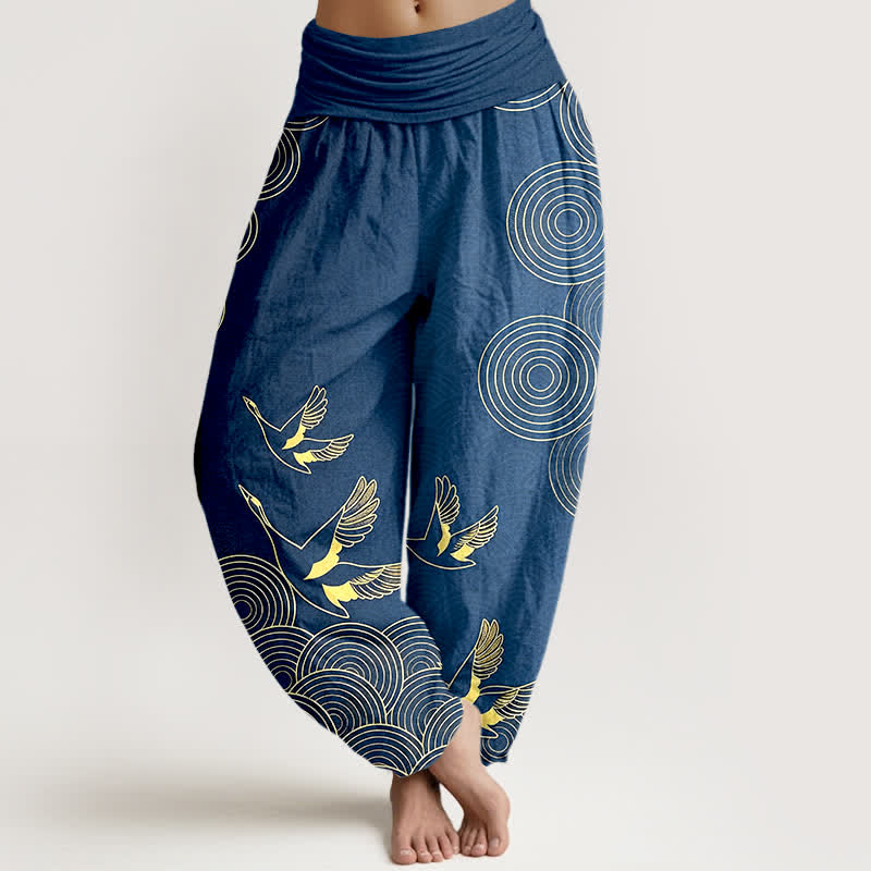 Buddha Stones Cotton Gold Bird Circle Pattern Women's Elastic Waist Harem Pants - SteelBlue - US16,UK/AU20,EU48 (3XL) - image 0