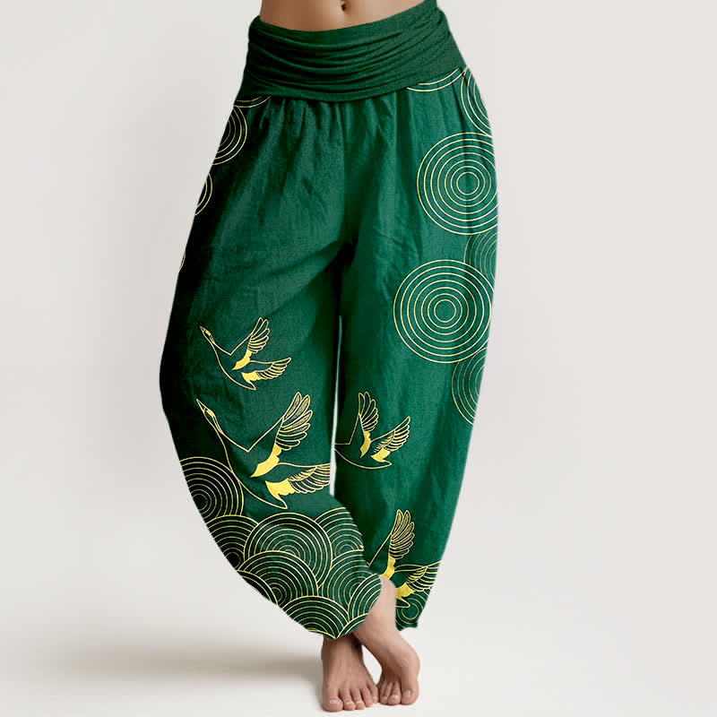 Buddha Stones Cotton Gold Bird Circle Pattern Women's Elastic Waist Harem Pants - ForestGreen - US16,UK/AU20,EU48 (3XL) - image 5