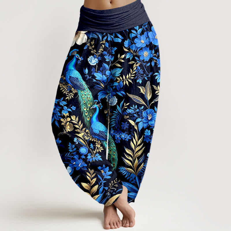 Buddha Stones Pure Cotton Teal Peacock Floral Pattern Women's Elastic Waist Harem Pants - Black - US16,UK/AU20,EU48 (3XL) - image 0