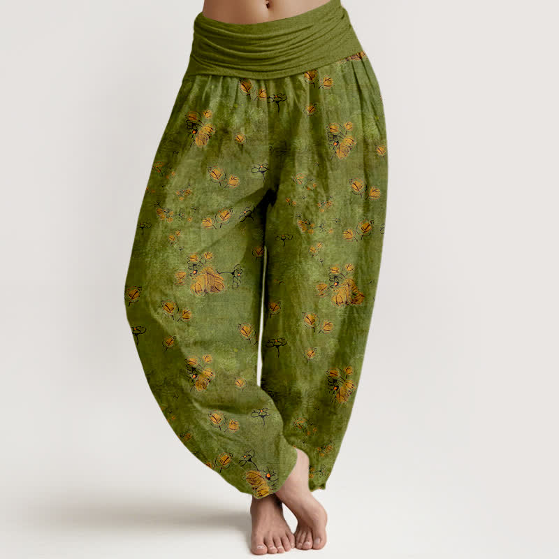 Buddha Stones Pure Cotton Scattered Marigold Floral Pattern Women's Elastic Waist Harem Pants - OliveDrab - US16,UK/AU20,EU48 (3XL) - image 0