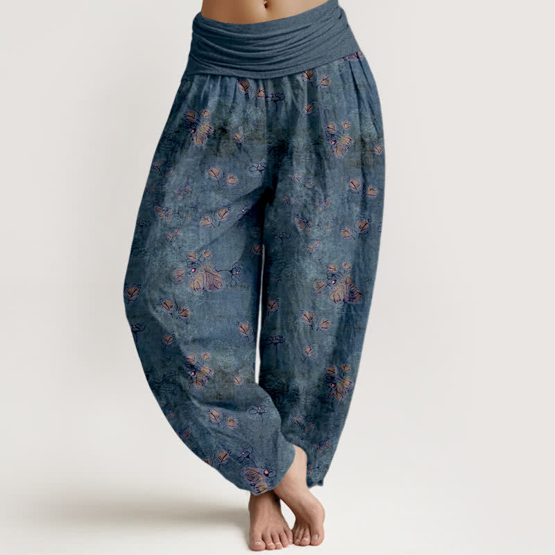 Buddha Stones Pure Cotton Scattered Marigold Floral Pattern Women's Elastic Waist Harem Pants - SteelBlue - US16,UK/AU20,EU48 (3XL) - image 8