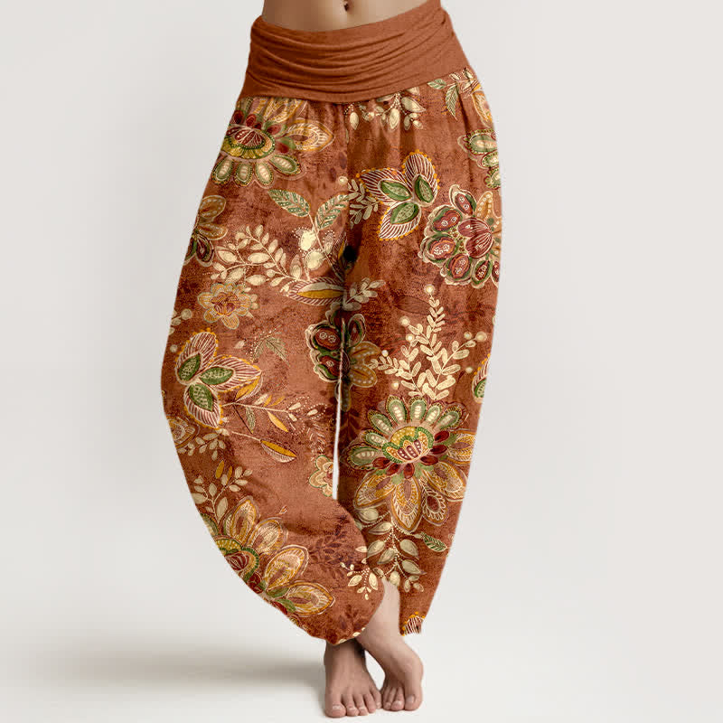 Buddha Stones Pure Cotton Bohemian Floral Leaf Pattern Women's Elastic Waist Harem Pants - Sienna - US16,UK/AU20,EU48 (3XL) - image 0