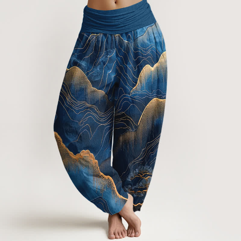 Buddha Stones Pure Cotton Midnight Mountain Gold Line Pattern Women's Elastic Waist Harem Pants - Navy - US16,UK/AU20,EU48 (3XL) - image 0
