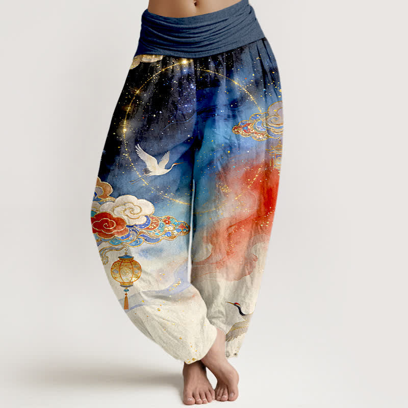 Buddha Stones Pure Cotton Crane Cloud Lantern Night Sky Pattern Women's Elastic Waist Harem Pants - Navy - US16,UK/AU20,EU48 (3XL) - image 0