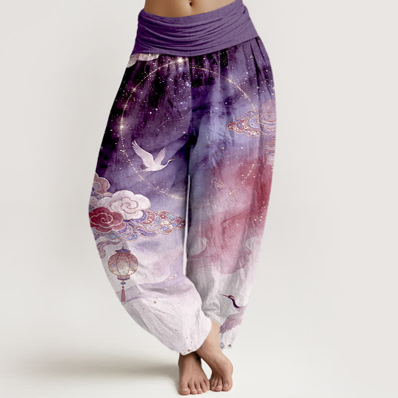 Buddha Stones Pure Cotton Crane Cloud Lantern Night Sky Pattern Women's Elastic Waist Harem Pants - Purple - US16,UK/AU20,EU48 (3XL) - image 5