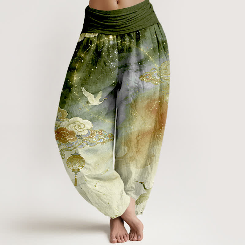 Buddha Stones Pure Cotton Crane Cloud Lantern Night Sky Pattern Women's Elastic Waist Harem Pants - Olive - US16,UK/AU20,EU48 (3XL) - image 8