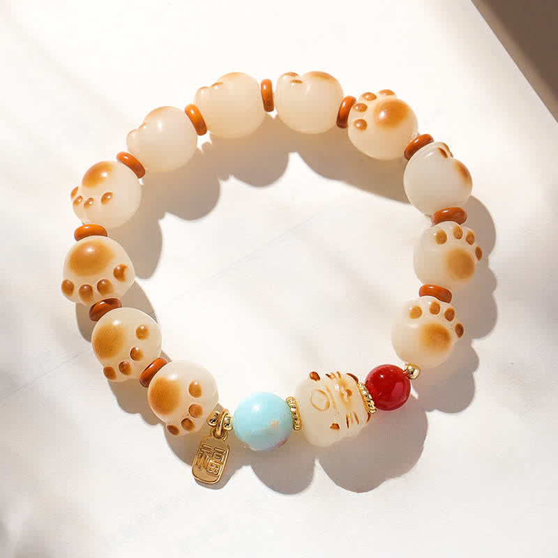 Buddha Stones Natural Bodhi Seed Fu Character Cat Paw Design Luck Bracelet - image 4
