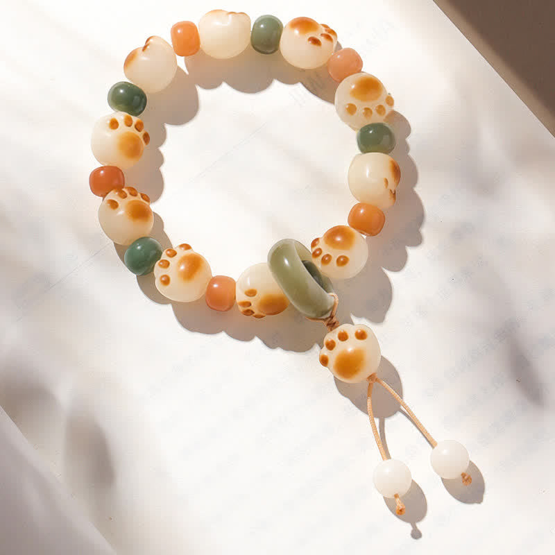Buddha Stones Natural Bodhi Seed Movable Ring Cat Paw Design Wealth Bracelet - Cat Paw Pendant(Wrist Circumference:17–18 cm) - image 0