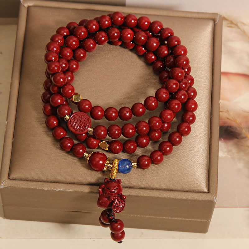 Buddha Stones Tibetan 108 Beads Cinnabar Lucky Cat Fu Character Fortune Mala - image 3