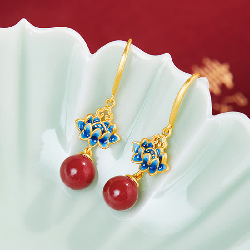 Buddha Stones Cinnabar 925 Sterling Silver Enamel Lotus Drop Earrings - image 2