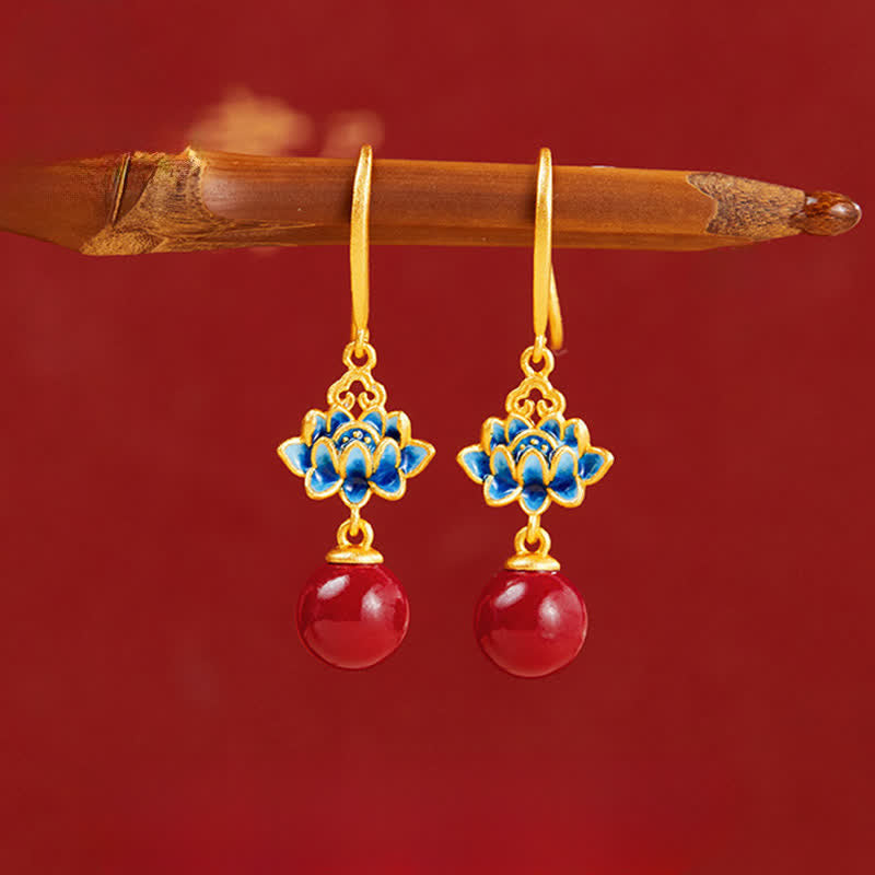 Buddha Stones Cinnabar 925 Sterling Silver Enamel Lotus Drop Earrings - Lotus(925 Sterling Silver Posts) - image 0