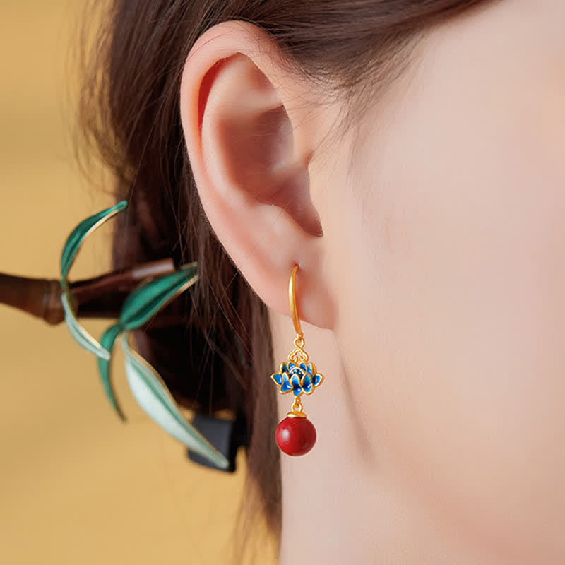 Buddha Stones Cinnabar 925 Sterling Silver Enamel Lotus Drop Earrings - image 8
