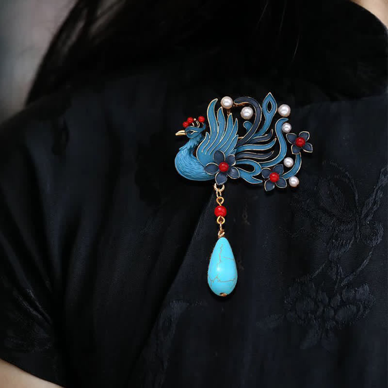 Buddha Stones Blue Phoenix Flower Pearl Turquoise Brooch - Blue Phoenix 5.5*8.8cm - image 0