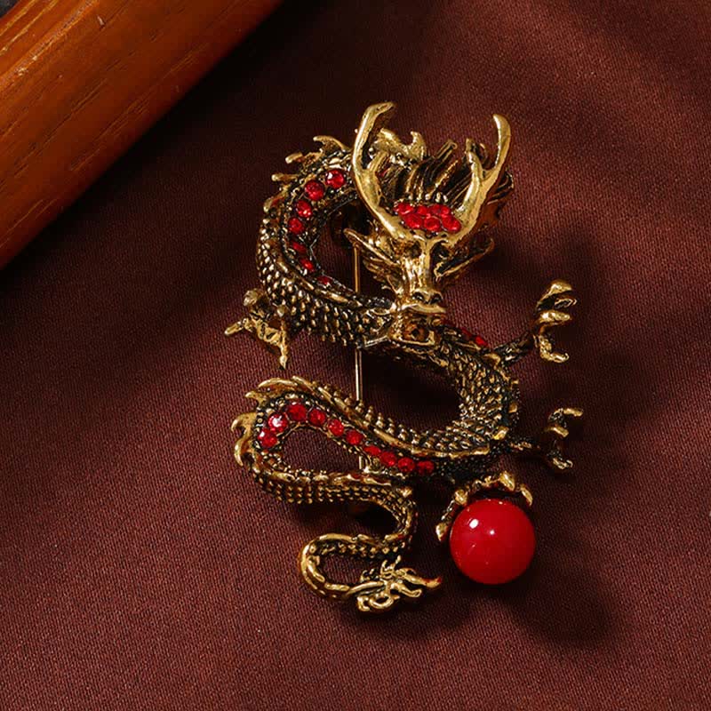 Buddha Stones Domineering Dragon Pearl Strength Brooch - Golden Red Dragon 2.4*5cm - image 8