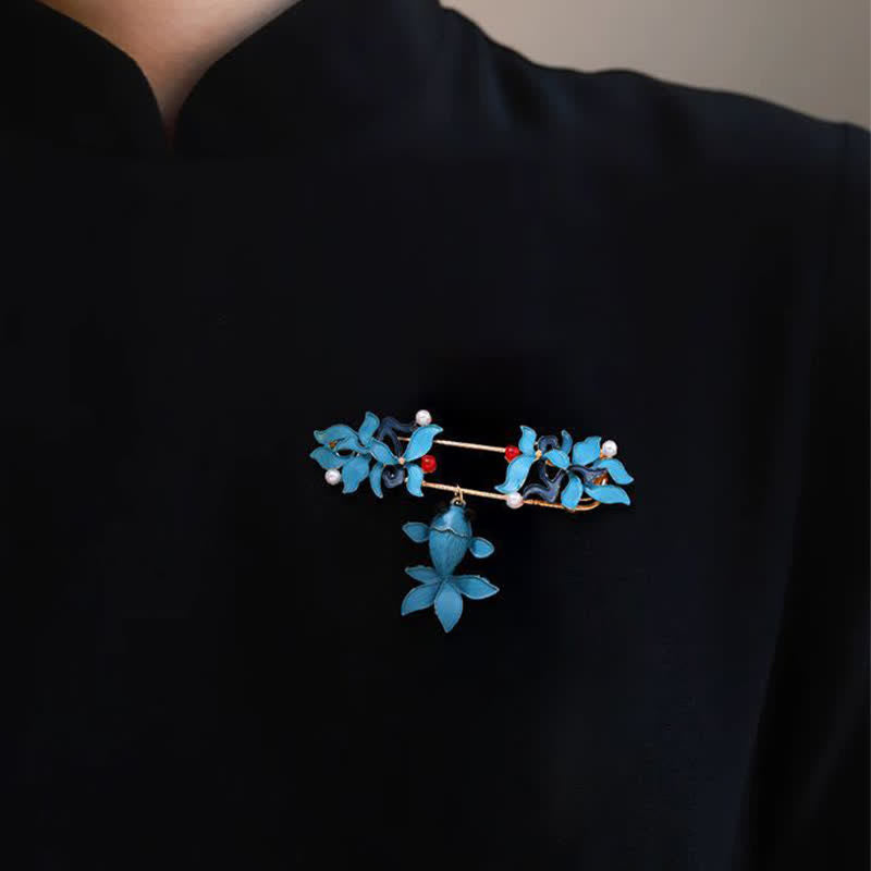 Buddha Stones Cloisonné Enamel Koi Fish Butterfly Pearl Prosperity Brooch - Koi Fish 8.2*(2.2+2.3)cm - image 0