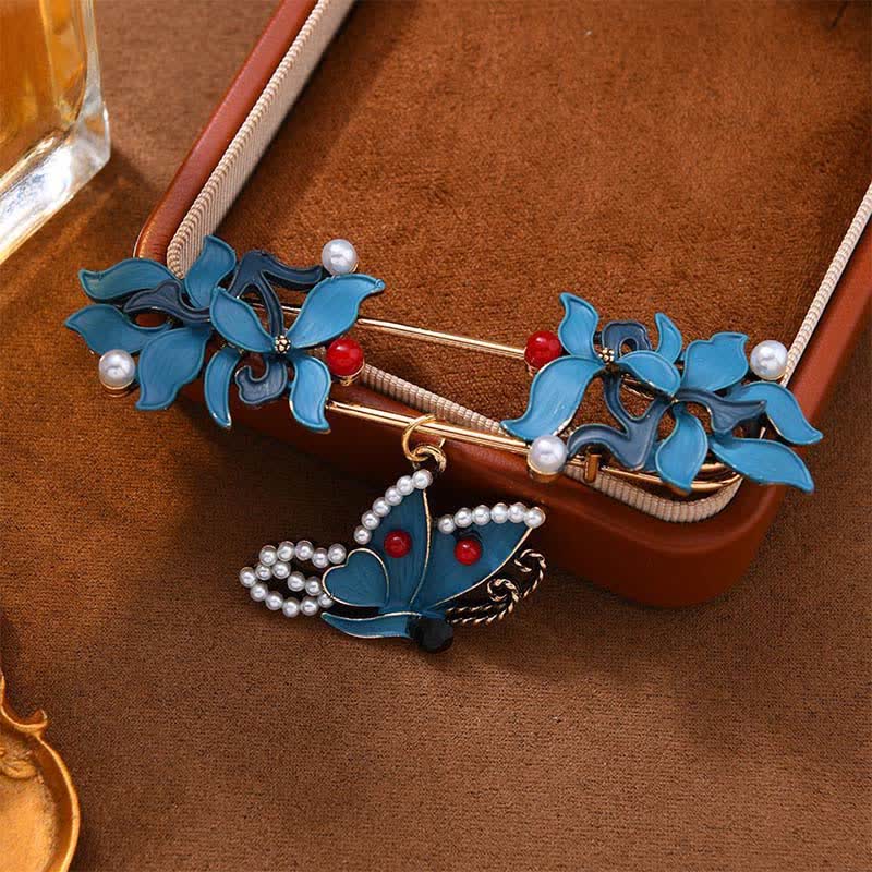 Buddha Stones Cloisonné Enamel Koi Fish Butterfly Pearl Prosperity Brooch - Butterfly 8.2*(2.2+2.3)cm - image 3