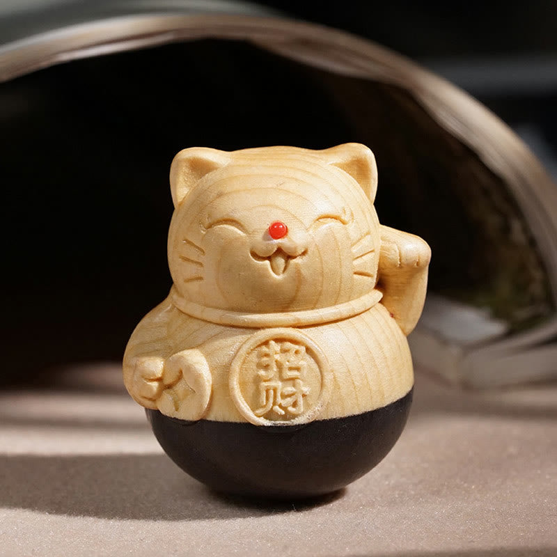 Buddha Stones Attract Wealth Mini Lucky Cat Ebony Beech Wood Carved Protection Decoration 4.7*4cm - image 1