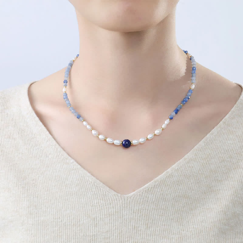 Buddha Stones Natural Blue Aventurine Lapis Lazuli Pearl Bead Concentration Necklace - image 4