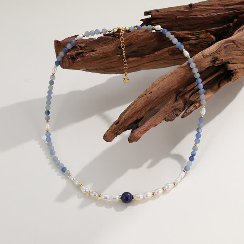 Buddha Stones Natural Blue Aventurine Lapis Lazuli Pearl Bead Concentration Necklace - image 1