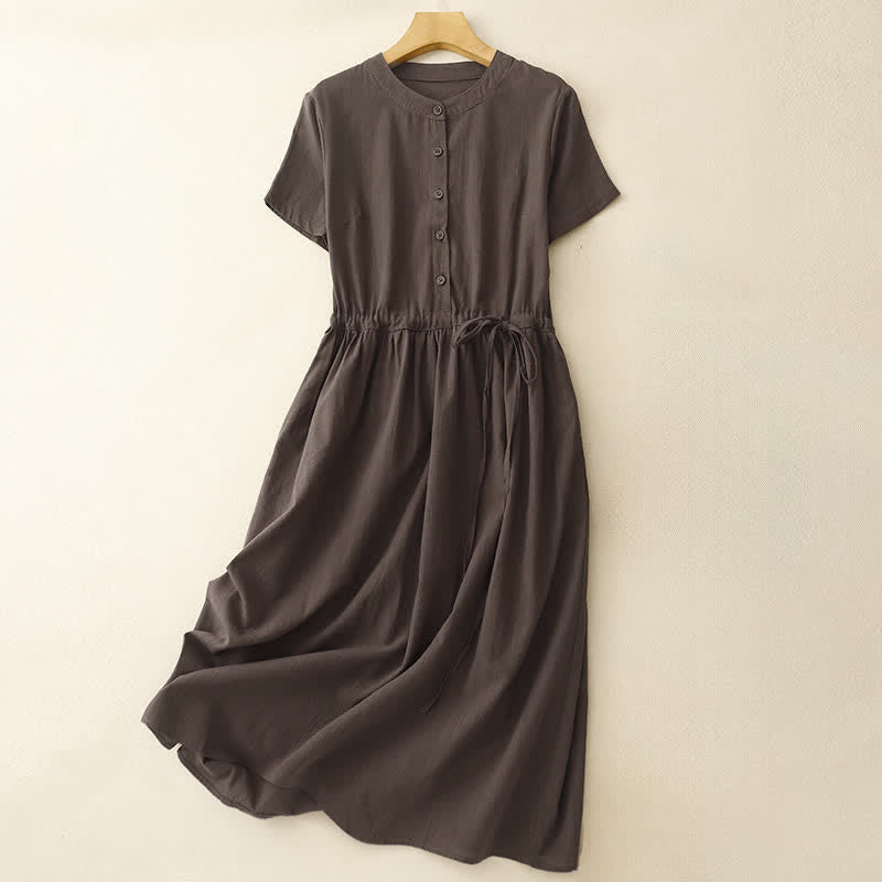 Buddha Stones Summer Minimalist Button-Up Drawstring Solid Women's Short Sleeve Dress With Pockets - SaddleBrown - US12,UK/AU16,EU44 (2XL) - image 0