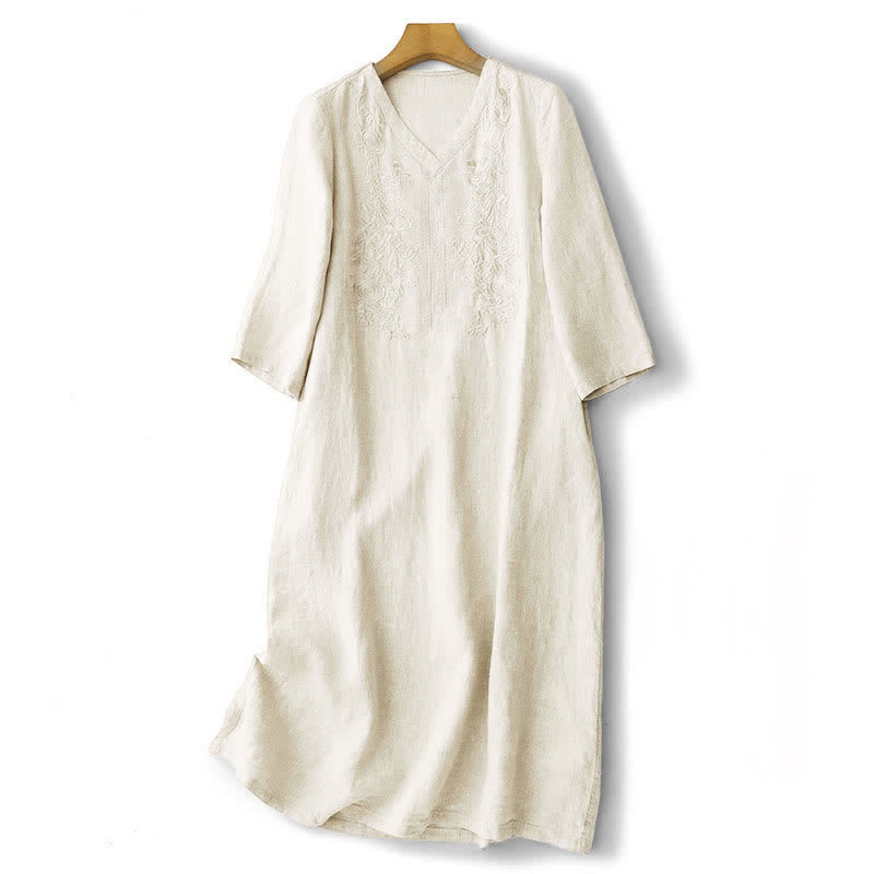 Buddha Stones Summer Embroidery Solid Women's Short Sleeve Dress With Pockets - Beige - US12,UK/AU16,EU44 (2XL) - image 7