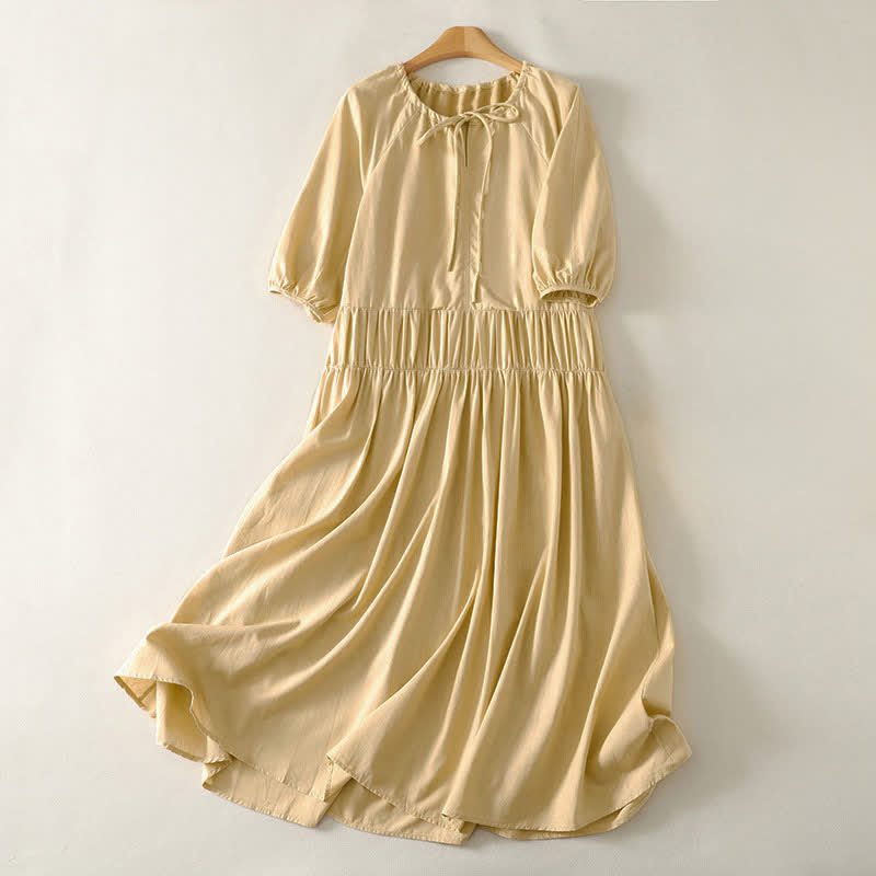 Buddha Stones Summer Drawstring Solid Women's Short Sleeve Dress With Pockets - PaleGoldenrod - US12,UK/AU16,EU44 (2XL) - image 0