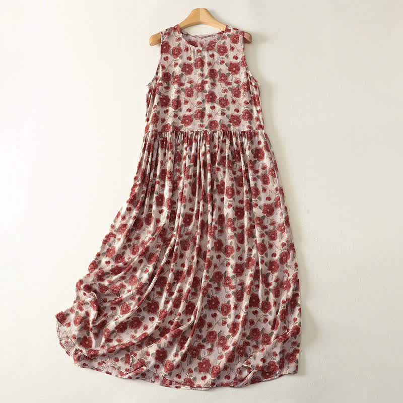 Buddha Stones Summer Floral Print Chiffon Women's Summer Sleeveless Dress With Pockets - AntiqueWhite - US12,UK/AU16,EU44 (2XL) - image 0