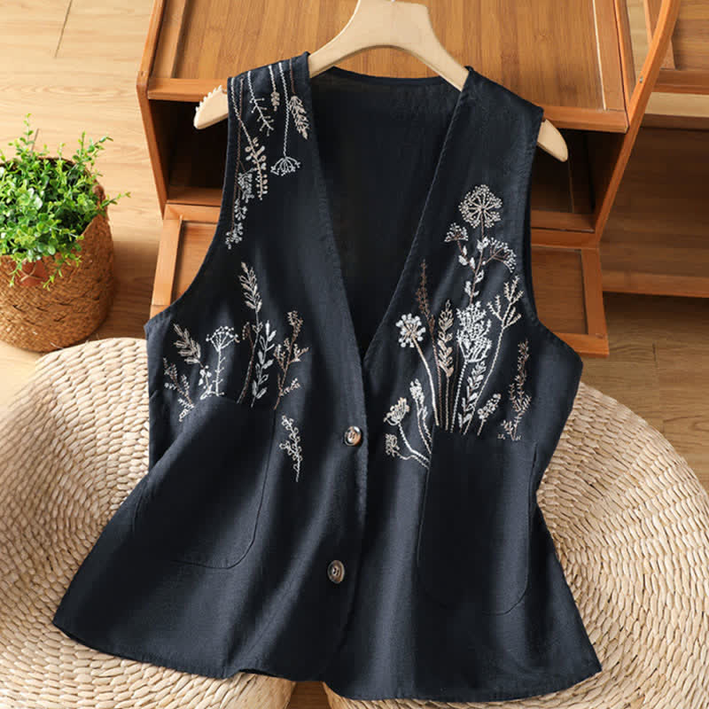 Buddha Stones Summer Embroidery Floral Women's Sleeveless Shirts With Pockets - Navy - US8-10,UK/AU12-14,EU40-42 (2XL) - image 8