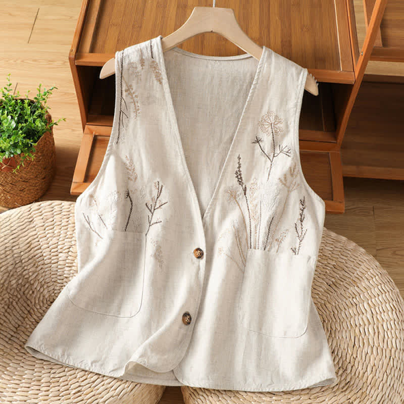 Buddha Stones Summer Embroidery Floral Women's Sleeveless Shirts With Pockets - Beige - US8-10,UK/AU12-14,EU40-42 (2XL) - image 0