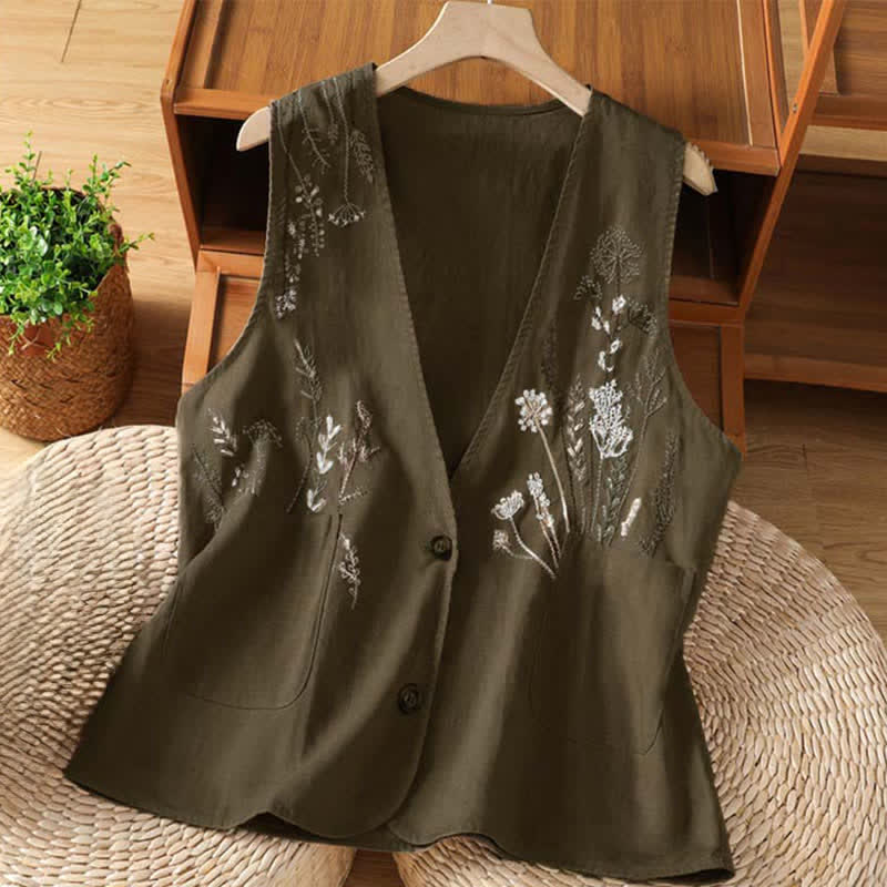 Buddha Stones Summer Embroidery Floral Women's Sleeveless Shirts With Pockets - saddlebrown - US8-10,UK/AU12-14,EU40-42 (2XL) - image 14