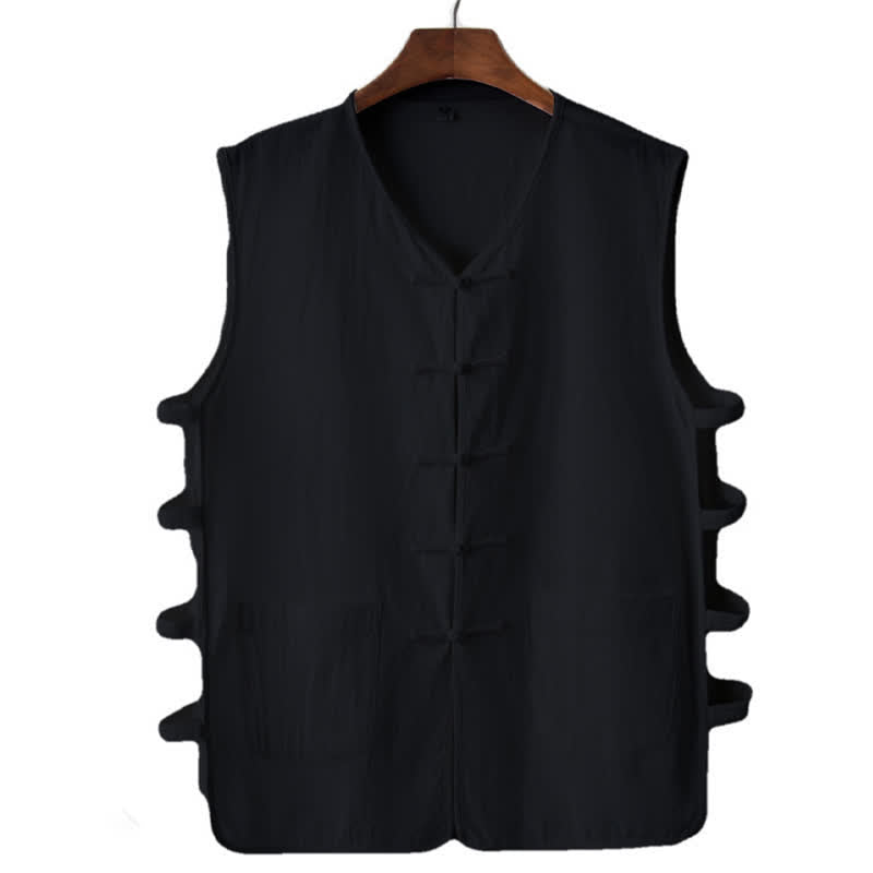 Buddha Stones Summer Tang Style Frog Button Side Slit Hollow Solid Men's Sleeveless Shirts Tank Top With Pockets - Black - US/UK/AU46,EU56 (5XL) - image 6