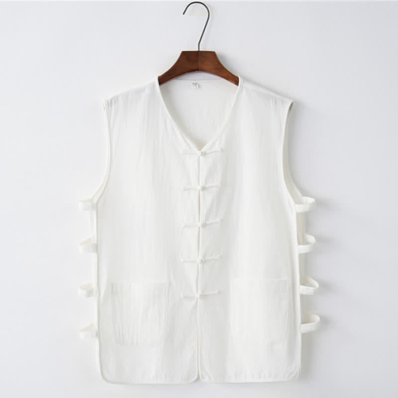 Buddha Stones Summer Tang Style Frog Button Side Slit Hollow Solid Men's Sleeveless Shirts Tank Top With Pockets - White - US/UK/AU46,EU56 (5XL) - image 7