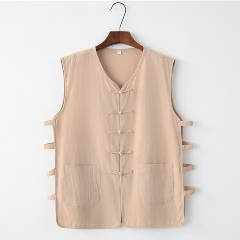 Buddha Stones Summer Tang Style Frog Button Side Slit Hollow Solid Men's Sleeveless Shirts Tank Top With Pockets - Tan - US/UK/AU46,EU56 (5XL) - image 3
