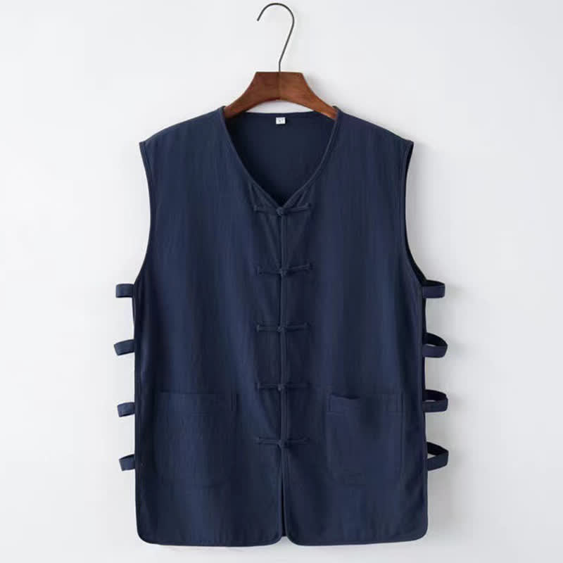 Buddha Stones Summer Tang Style Frog Button Side Slit Hollow Solid Men's Sleeveless Shirts Tank Top With Pockets - Navy - US/UK/AU46,EU56 (5XL) - image 0