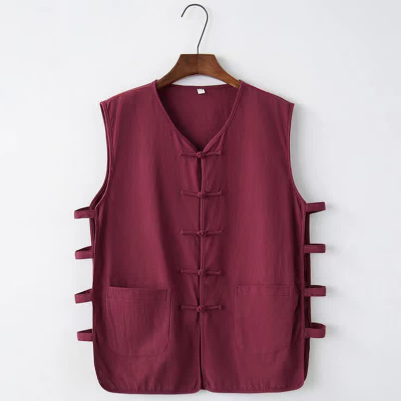 Buddha Stones Summer Tang Style Frog Button Side Slit Hollow Solid Men's Sleeveless Shirts Tank Top With Pockets - Maroon - US/UK/AU46,EU56 (5XL) - image 5