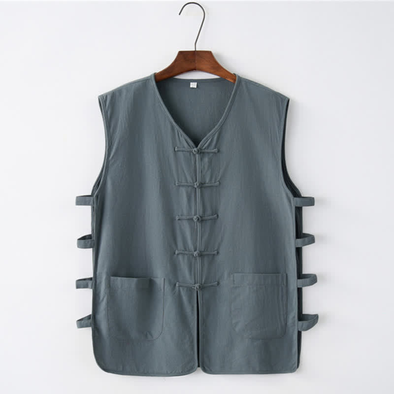 Buddha Stones Summer Tang Style Frog Button Side Slit Hollow Solid Men's Sleeveless Shirts Tank Top With Pockets - DarkGreen - US/UK/AU46,EU56 (5XL) - image 1
