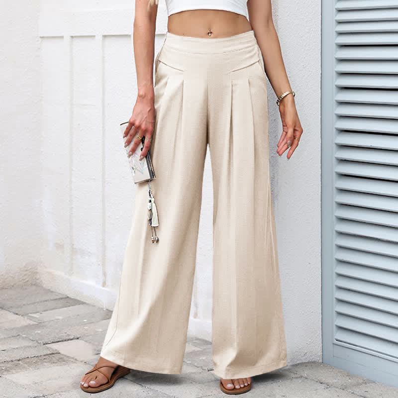 Buddha Stones Plain Color Cotton Linen High Waist Women's Wide Leg Pants With Pockets - Beige - US16,UK/AU20,EU48 (3XL) - image 13