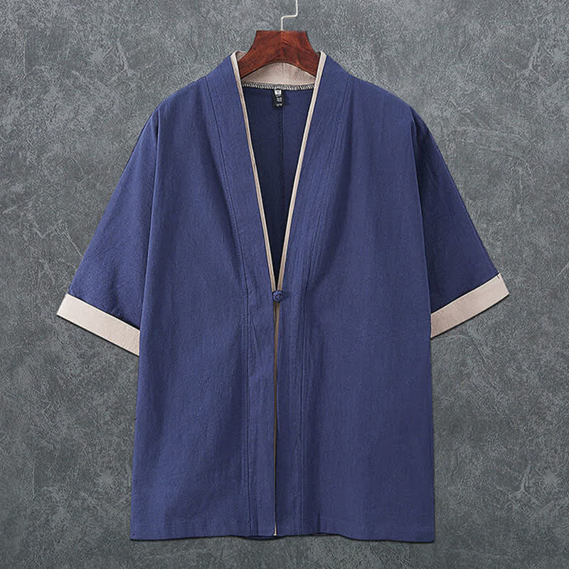 Buddha Stones Summer Minimalist V-Neck Frog Button Solid Men's Short Sleeve Kimono - SteelBlue - US/UK/AU46,EU56 (5XL) - image 0