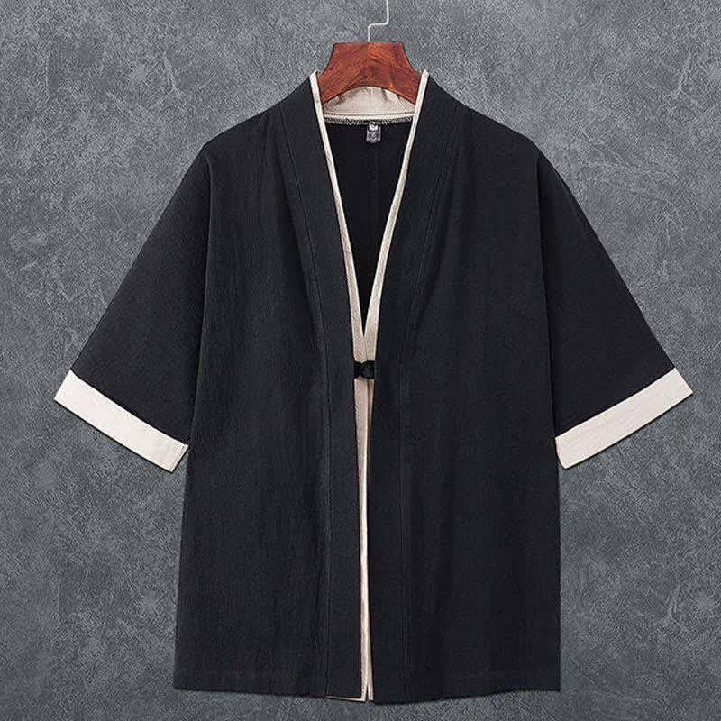 Buddha Stones Summer Minimalist V-Neck Frog Button Solid Men's Short Sleeve Kimono - Black - US/UK/AU46,EU56 (5XL) - image 2