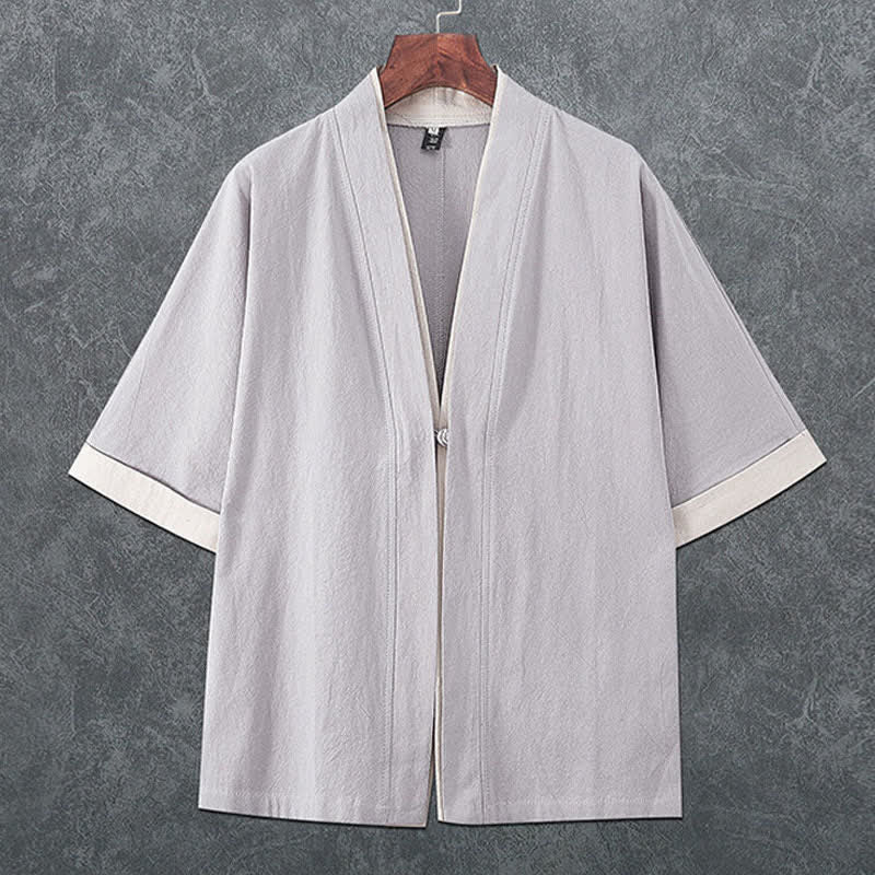 Buddha Stones Summer Minimalist V-Neck Frog Button Solid Men's Short Sleeve Kimono - LightGray - US/UK/AU46,EU56 (5XL) - image 4