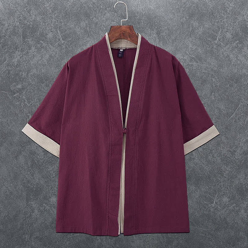 Buddha Stones Summer Minimalist V-Neck Frog Button Solid Men's Short Sleeve Kimono - Maroon - US/UK/AU46,EU56 (5XL) - image 6