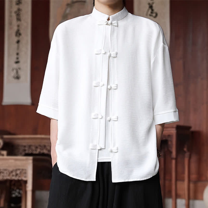 Buddha Stones Summer Tang Style Mandarin Collar Frog Button Solid Men's Elbow-Length Sleeve Shirts - White - US/UK/AU46,EU56 (5XL) - image 6