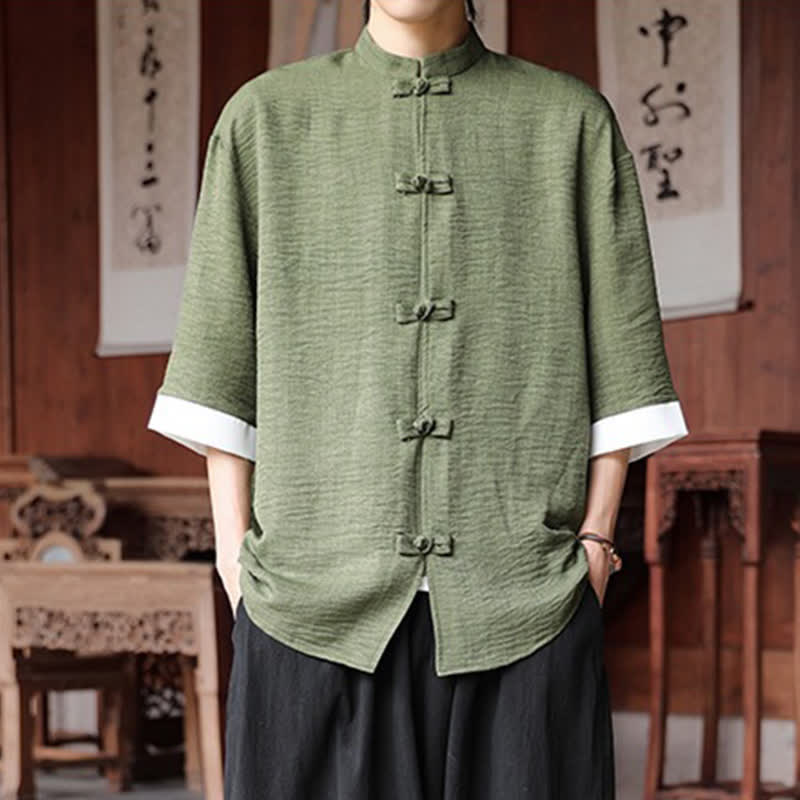 Buddha Stones Summer Tang Style Mandarin Collar Frog Button Solid Men's Elbow-Length Sleeve Shirts - OliveDrab - US/UK/AU46,EU56 (5XL) - image 0