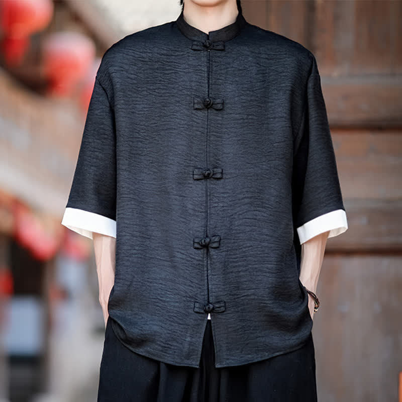 Buddha Stones Summer Tang Style Mandarin Collar Frog Button Solid Men's Elbow-Length Sleeve Shirts - Black - US/UK/AU46,EU56 (5XL) - image 10