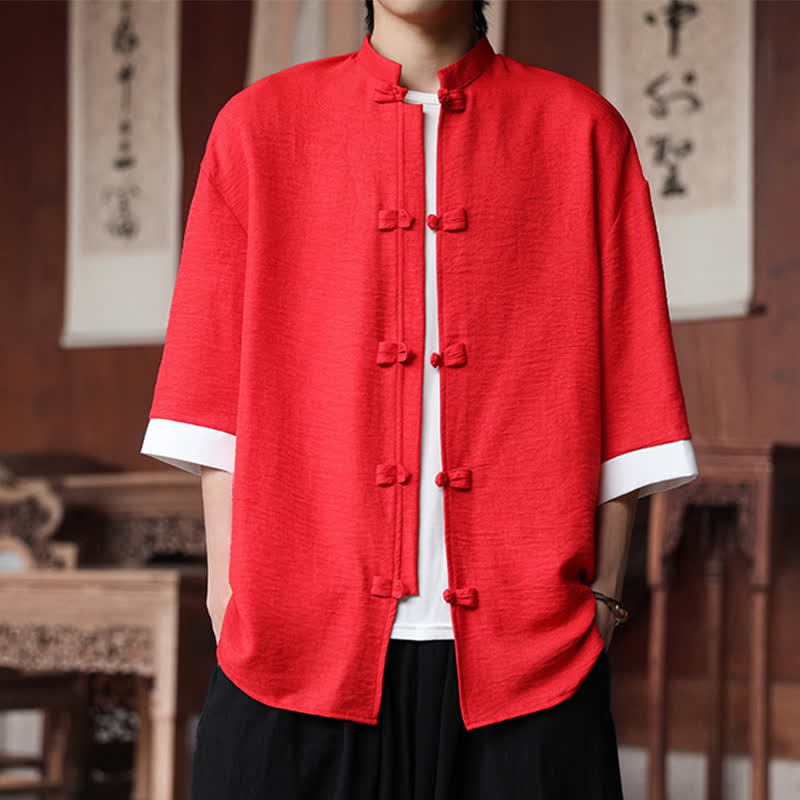 Buddha Stones Summer Tang Style Mandarin Collar Frog Button Solid Men's Elbow-Length Sleeve Shirts - Crimson - US/UK/AU46,EU56 (5XL) - image 22